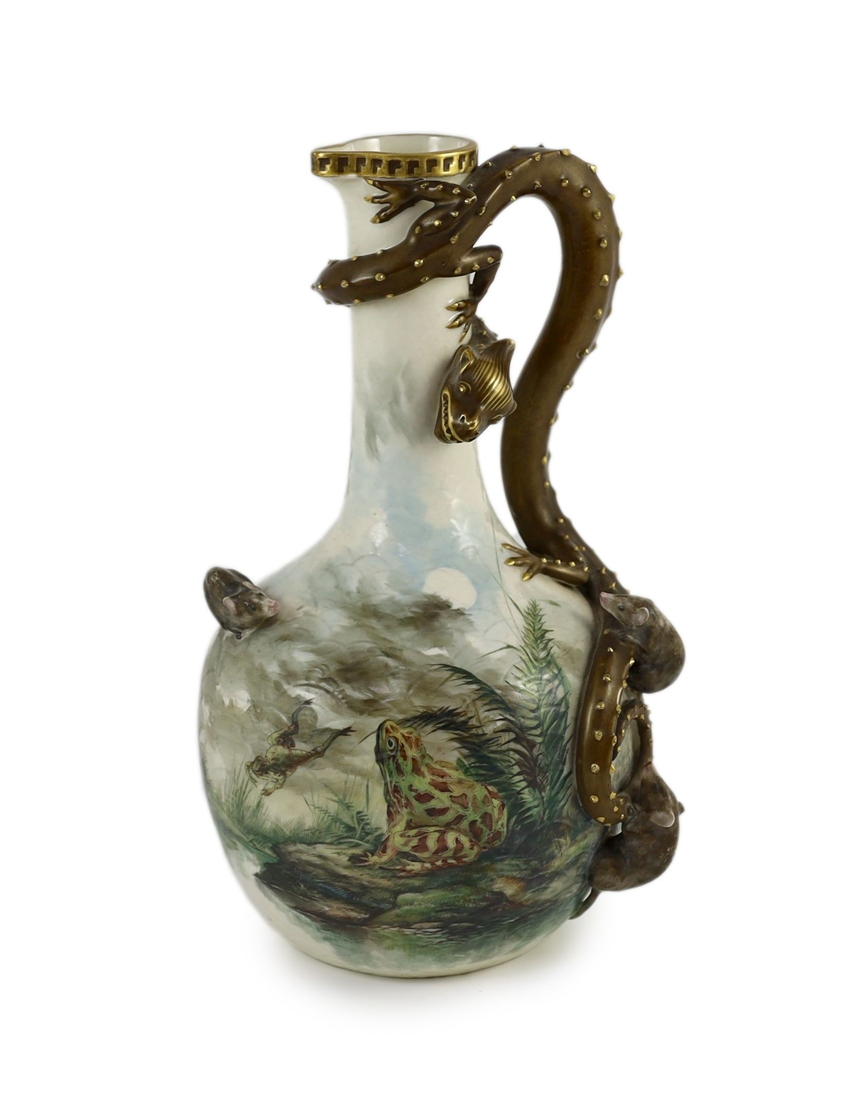 An unusual Royal Worcester ‘frog and mice’ ewer, c.1880, 29cm high